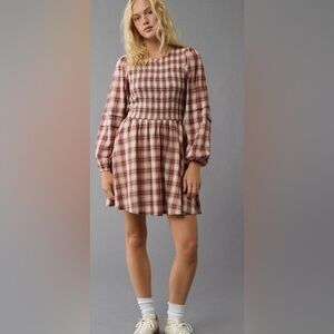 AE Long-Sleeve High Neck Plaid Mini Dress size XS